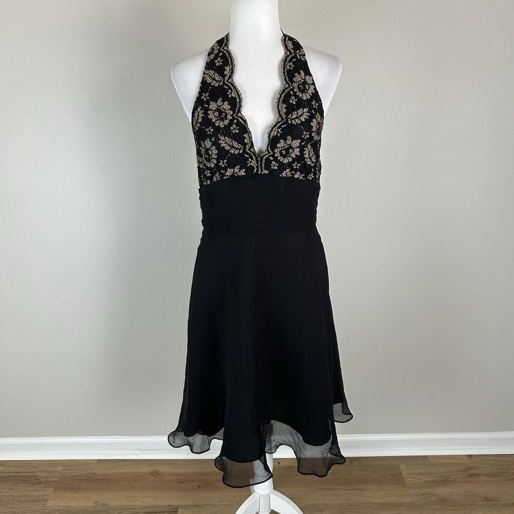 Robbie Bee 90s Y2K Dress Womens 10 Black 100% Silk Halter Cocktail Pinup Lace